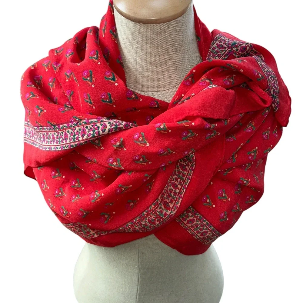 Ethnic Indian wear Block Print flowers red SILK paisley print scarf shawl wrap